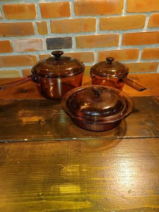 Vintage Pyrex Vision Ware Amber Glass Cookware 6 Piece Set Pot & Pans,  U.  S.  A.