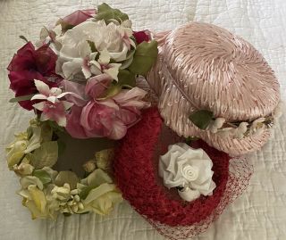 4 Unbranded Vintage 50s Ladies Hats Pink,  Yellow,  Red Floral,  Straw