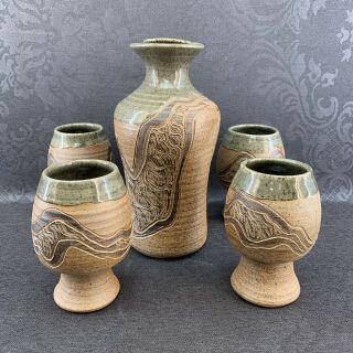 Vintage Signed Hand Turned Studio Art Pottery Decanter & 4 Cups Goblets Mugs Mcm