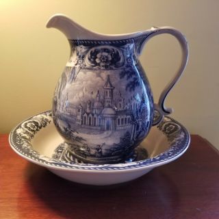 Vintage Blue Bowl Pitcher Basin Italian English French Ceramic Pottery Markings