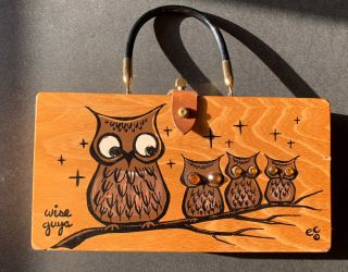 Vintage Enid Collins Wood Box Purse Owls Wise Guys
