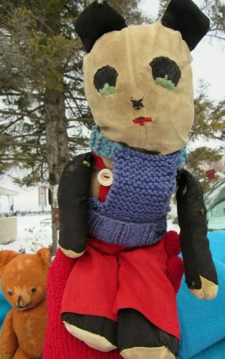 Vintage Teddy Bear Folk Art Worn Cloth Primitive Doll Red Bibs Sweater Panda Toy