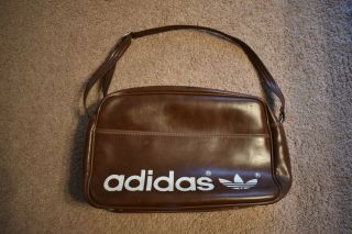 Vintage Adidas Trefoil Brown Duffle Shoulder Faux Leather 4033 Zip Bag