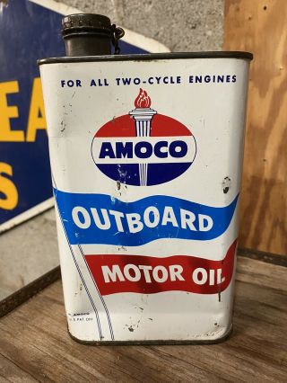Vintage Rare 1960s Amoco Outboard Motor Oil 1 Qt Advertising Tin Can With Lid