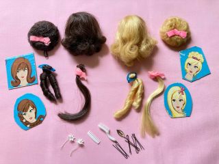 Vintage Blonde Brunette Barbie Hair Doll Wigs Accessories Comb Brush Pins Mod