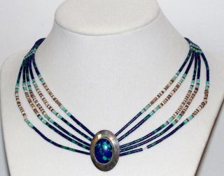 Vintage Navajo Liquid Sterling Silver 5 Strand Bead Necklace Azurite Pendant 15”