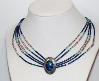 Vintage Navajo Liquid Sterling Silver 5 Strand Bead Necklace Azurite Pendant 15” 2