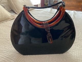 Vintage Bobbie Jerome Large Black Patent Vinyl Handbag With Bakelite Trim