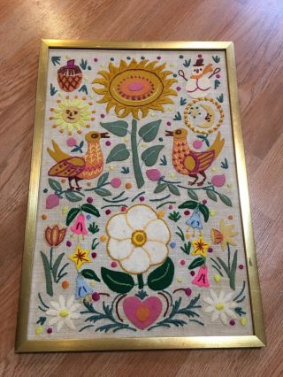 Vintage Wool? Embroidered Framed Picture Sun Moon Floral