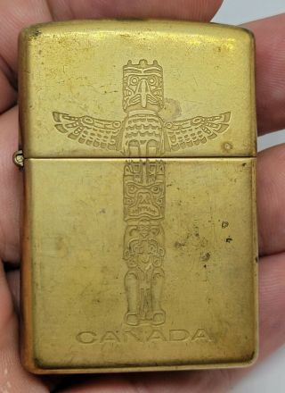 Vintage & Rare 1998 Solid Brass Zippo Lighter Canada Totem Pole Exc Cond