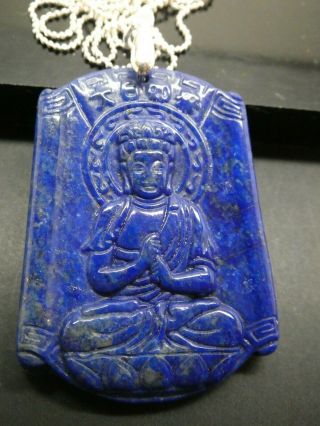 Vintage Blue Lapis Lazuli Gemstone Buddha Hand Carved Pendant Necklace 24 "