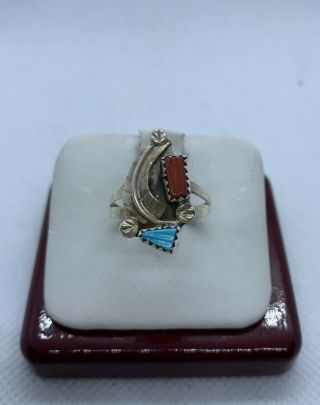 Vintage Sterling Silver Coral And Turquoise Navajo Made Ring Size 7.  75 Signed