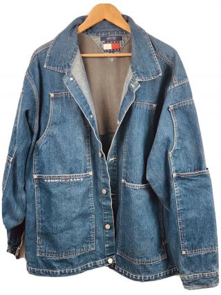 Vintage 90s Tommy Hilfiger Denim Blue Jean Jacket Mens Size Extra Large