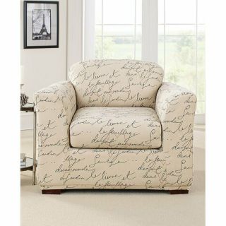 Stretch Pen Pal By Waverly Box Cushion Armchair Chair Slipcover Vintage Script