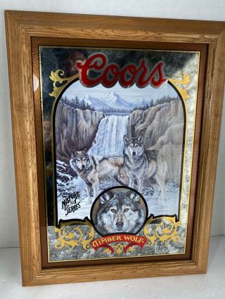 Vintage 1995 Coors Beer Timber Wolf Nature Series Framed Mirror Sign 16x21