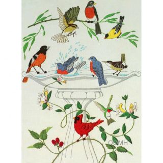 The Birdbath Vintage Crewel Embroidery Kit Linda K.  Powell Cardinal Hummingbird