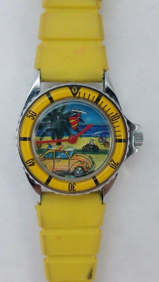 Vintage Out Of Time Yellow Wind Up Watch - Beach Scene W/rotating Sailboat -