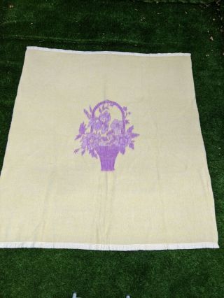 Vintage 100 Wool Blanket - Purple And Cream Flower Basket 71 " X 79 " Orr Health