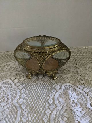 Vintage Gold Ormolu Beveled Glass Jewelry Casket Box Oval 7.  5 " X 3.  5 " X 4.  5 "