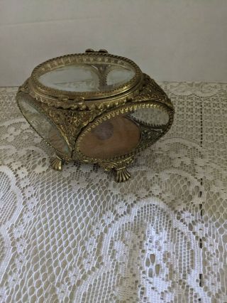 Vintage Gold Ormolu Beveled Glass Jewelry Casket Box Oval 7.  5 