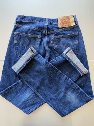 Vintage 501 Xx Levis Button Fly Dark Blue Wash Denim Jeans 31x34 Shrink To Fit