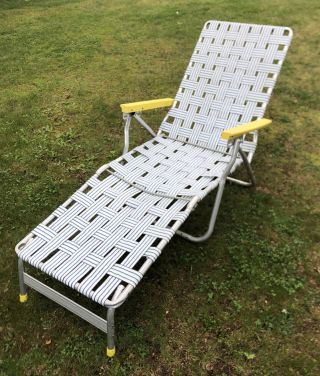 Vintage Webbed Aluminum Folding Chaise Lounge Lawn Chair Yellow Arms