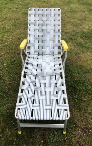 Vintage Webbed Aluminum Folding Chaise Lounge Lawn Chair yellow Arms 2
