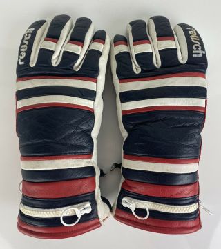 Vtg Reusch Red White Blue Stripe Leather Winter Ski Snowboarding Gloves