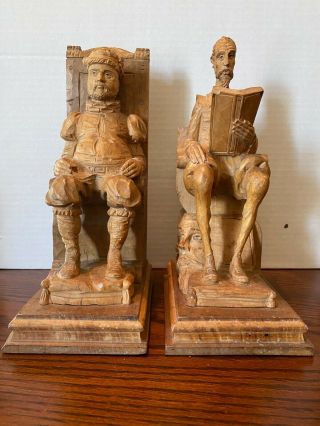 Vintage Don Quixote Sancho Panza Hand Carved Wood Book Ends Spanish Ouro
