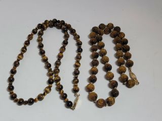 2 Vntg Necklaces Beaded - Stone - Tigers Eye - 20in - 24in - Carved Stone - Gf - 5mm,  10mm - Nr