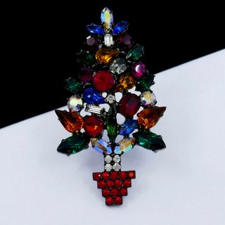 Large Sparkly Vintage Carolee Multi - Color Christmas Tree Pin Brooch