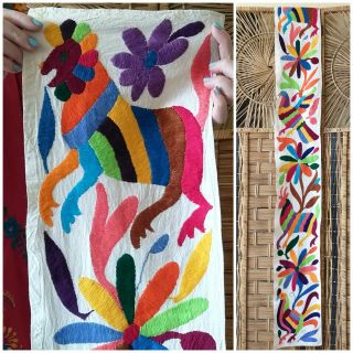 Otomi Hand Embroidered Runner Creature Bird Vtg Ornate Mexican Folk Art Textile