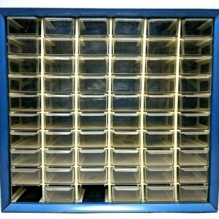 Metal Akro Mils 60 Drawer Storage Cabinet Organizer Bin Blue Wall Vtg Missing 2