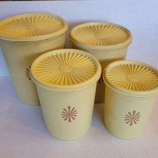 Vintage Set 4 1970s Yellow Tupperware Canisters Servalier Nesting Set With Lids