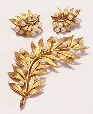 Vintage Trifari Goldtone Faux Pearl Leaf Brooch And Clip - On Earring Set