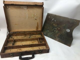 Vintage Wooden Artist Painters Box Travel Case With Palette Dovetail Corners