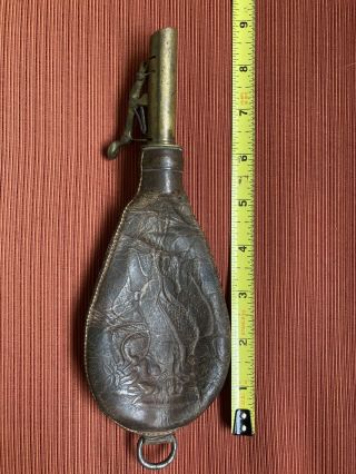 Antique Embossed Leather Powder Shot Flask W/hunting Scene