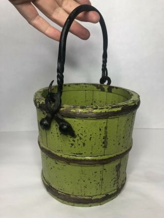 Antique/vintage Staved Green Wooden Berry Basket Bucket Forged Iron Handle