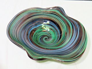 Vtg Murano Art Glass Bowl Dish Blue Green Aventurine Swirl Stripe Copper Sparkle
