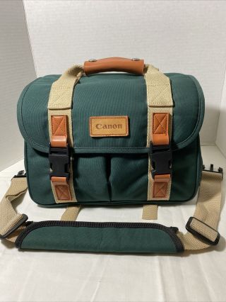 Vtg.  Green Canvas Canon Camera Bag Organizer,  Pockets & Shoulder Strap 12x7x8