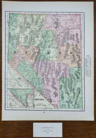 Vintage 1900 Nevada Map 11 " X14 " Old Antique Carson City Sparks Reno