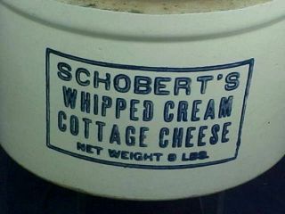 Vintage Schobert ' s Whipped Cream Cottage Cheese Crock Large Size 8 Lb Blue White 2