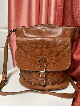 Patricia Nash Granada Tan Tooled Leather Crossbody Hobo Handbag Vintage