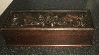 ANTIQUE ARTS AND CRAFTS CARVED MAHOGANY DESK BOX SUPERBLY CARVED CANDLE BOX 2