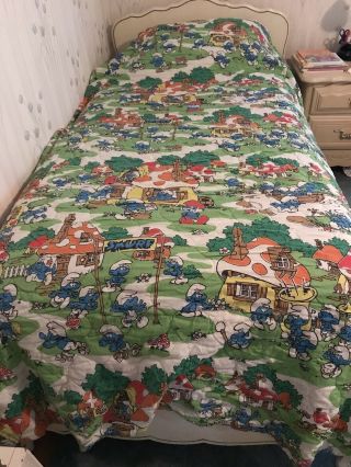 Vintage Vtg 80s Colorful Smurfs Cartoon Blanket Twin Bedspread Comforter 96”x72”