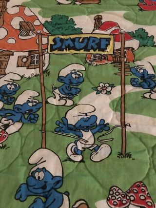 VINTAGE VTG 80s Colorful Smurfs Cartoon Blanket Twin Bedspread Comforter 96”x72” 2