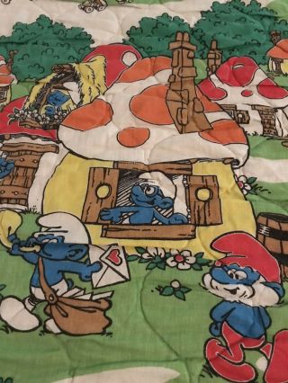 VINTAGE VTG 80s Colorful Smurfs Cartoon Blanket Twin Bedspread Comforter 96”x72” 3