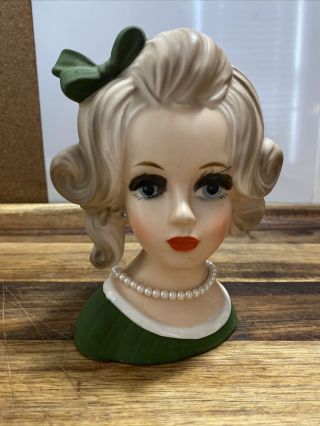 Vintage Young Lady Headvase Vase Napcoware 5.  5” Tall C8499 Napco Green Pearls
