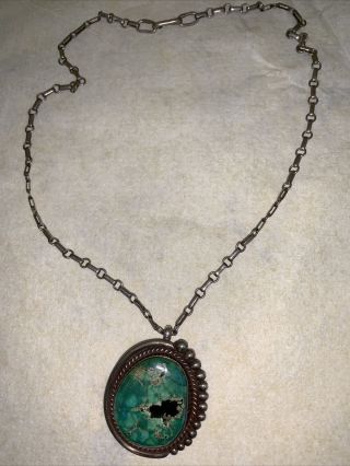 Vintage Native American Turquoise Pendant Necklace Handmade In Silver W/chain