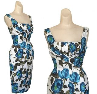 Vtg 50s Shocking Blue Rose Print Tight Fitted Wiggle Dress Vlv Pin Up Marilyn